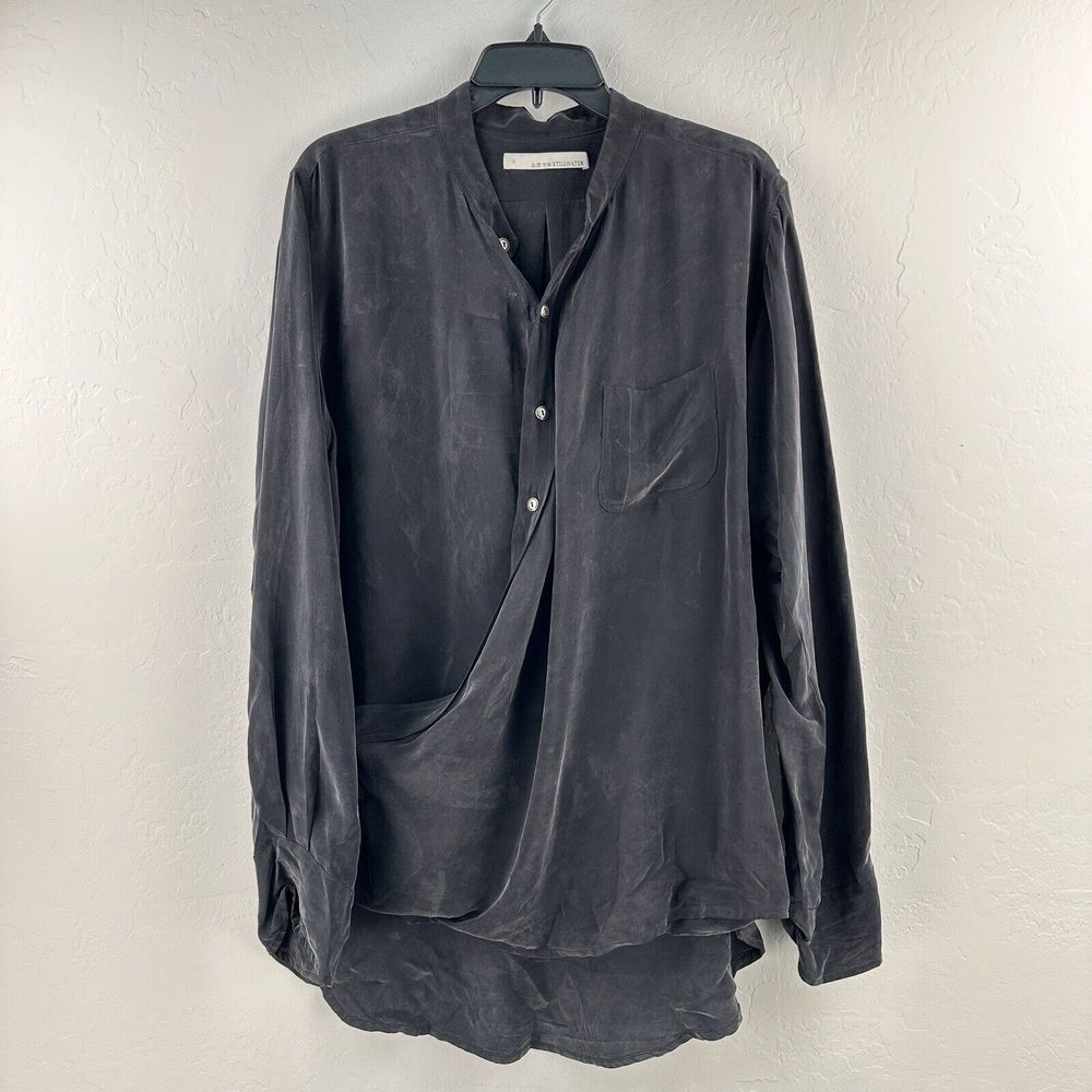Stillwater Popover Blouse Womens Size M Long Sleeve Black Viscose Button‎ Up